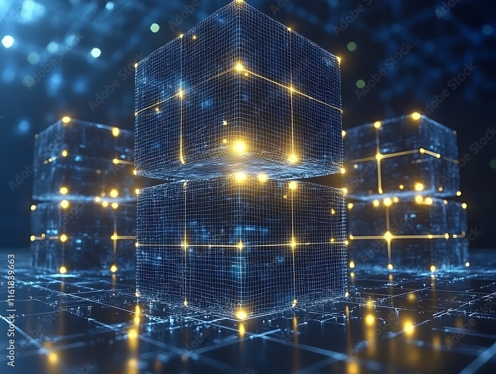Aufkleber illuminated wireframe cubes digital data structure