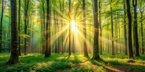 Silent forest in spring with beautiful bright sun rays , nature, tranquil, serene, peaceful, sunlight, trees, foliage