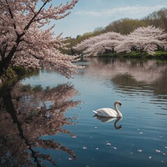 A spring lake with cherry blossoms floating on the surface and a swan gliding gracefully through the water.