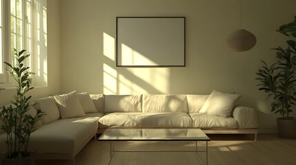 Sunlit living room with beige sectional sofa, coffee table, plants, and blank frame.