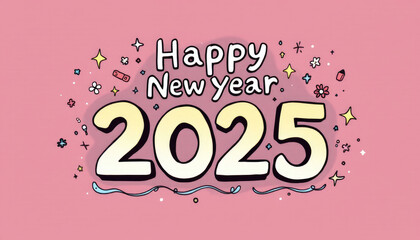 a vibrant pink background with the phrase "Happy New Year 2025" prominently displayed in the center, surrounded by a scattering of stars, flowers, and confetti