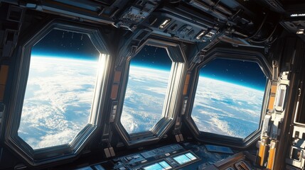 Fototapeta premium Exploring the view of earth from a space station outer space digital artwork futuristic environment wide angle cosmic perspective