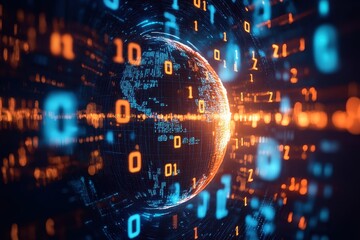 A globe is illuminated at its center, surrounded by streams of binary code. This visual represents the interconnectedness of technology and information in the modern world.