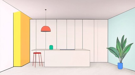 Vibrant Minimalist Kitchen Illustration: Clean Lines, Bold Colors, Modern Design. AI Generated