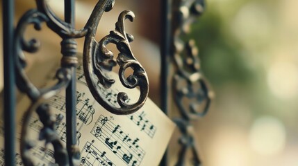 Vintage sheet music tucked behind ornate metalwork.