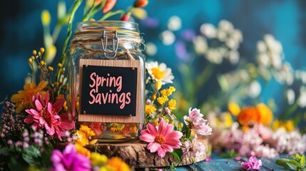A jar labeled "Spring Savings" surrounded by blooming flowers and colorful decorations.