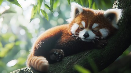 Fototapeta premium Adorable Red Panda Napping Peacefully on a Tree Branch
