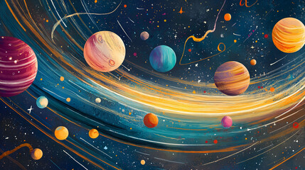 A vibrant illustration showcasing a cosmic landscape filled with swirling planets and radiant stars in deep space.