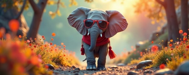 Elefant wearing shades in vibrant environment, sunglasses, fun