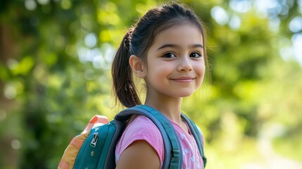 Serene Young Girl Outdoors: Close-up Portrait with Backpack and Relaxed Expression in Greenery Background