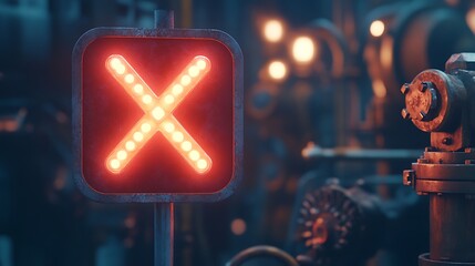 Glowing red X sign in industrial setting.