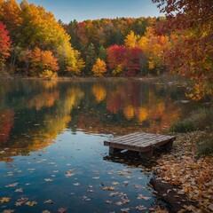 A warm autumn lake scene, with colorful leaves floating on the water and a wooden bench by the shore.