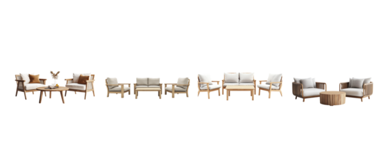 3D rendering of outdoor wooden sofa set in garden with chairs and table, isolated on white background.