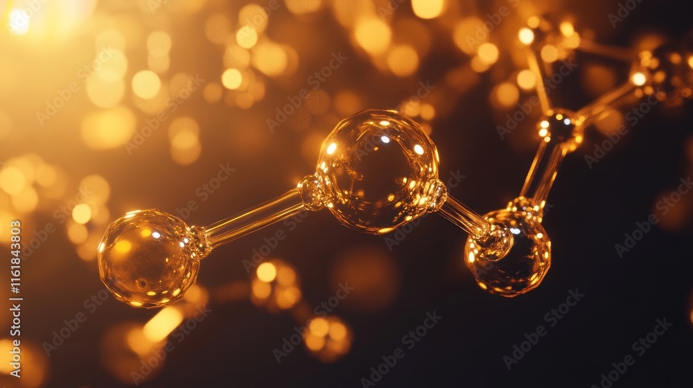 Poster golden molecule model on dark background with bokeh lights.
