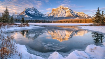 Fototapeta premium Majestic mountain reflection in a frozen lake at sunrise.