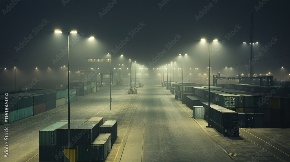 Poster foggy night at a cargo port with rows of shipping containers and illuminated lamp posts.