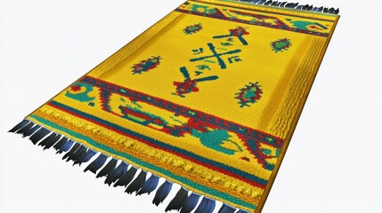 A vibrant yellow rug featuring intricate patterns and designs.