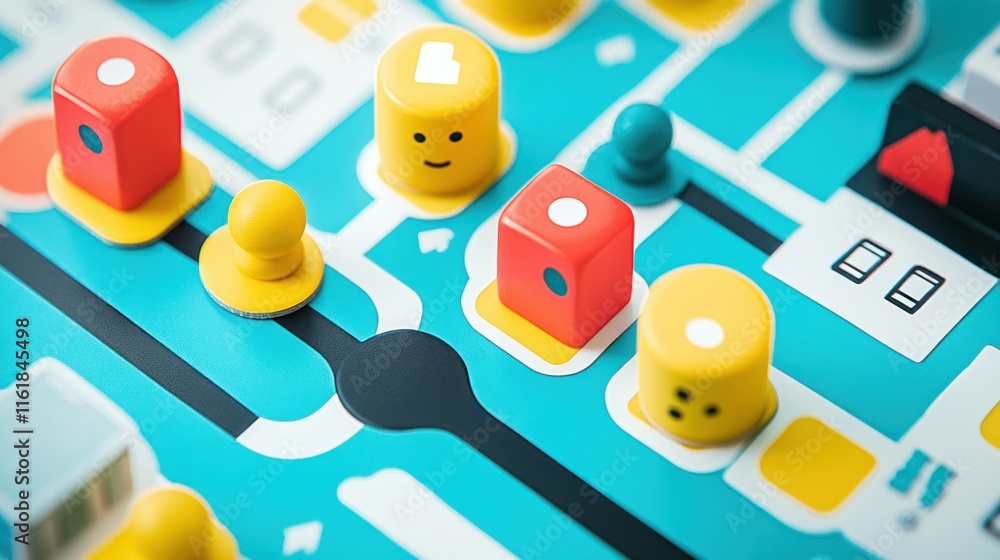 Poster colorful abstract board game depicting process flow and data transfer.