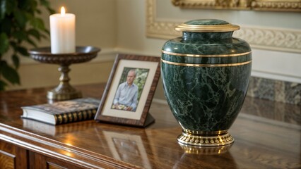 Elegant green marble urn displayed on a wooden table with a photo frame and candle