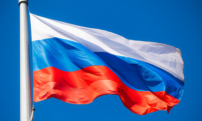 Russian national flag waving on flagpole against clear blue sky