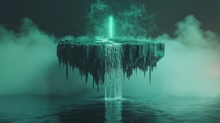 Floating island with waterfall and neon light in misty sea.