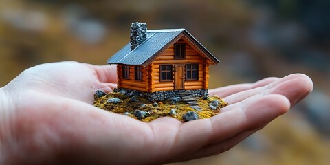 A small mountain cabin nestled securely in a human hand.