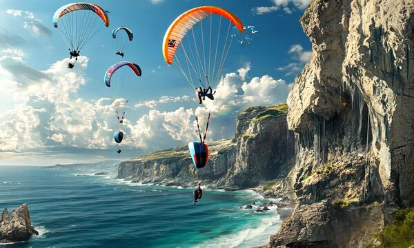 A vibrant scene of paragliders soaring above a coastal landscape with cliffs and ocean waves.