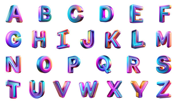 set of neon 3d alphabet letters isolated on transparent background, cut out, PNG