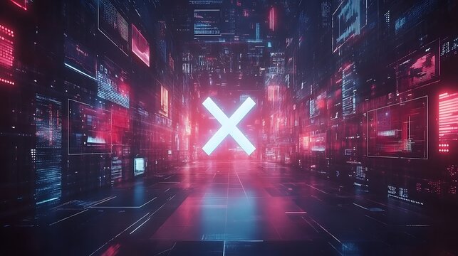 Glowing X in digital tunnel, error concept.