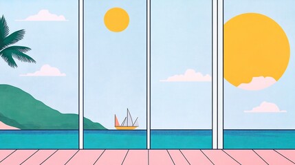 Vibrant Summer Seascape Illustration: Idyllic Coastal View Through Panoramic Window. AI Generated