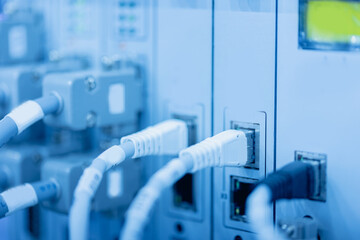 Close-up of network cables connected to data center servers in blue light