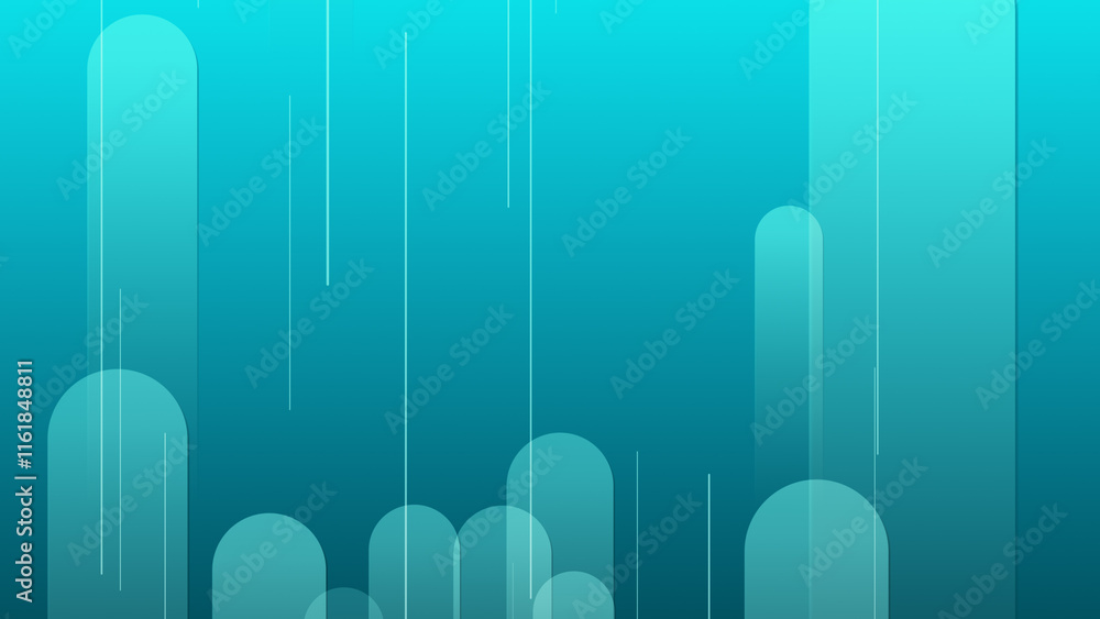 Poster blue lines and shapes are moving from the bottom middle of a gradient abstract background, horizonta