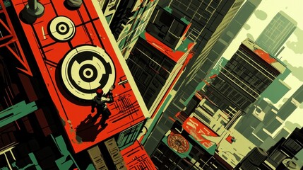 Obraz premium Futuristic city rooftop view, person standing on red building, detailed urban landscape.