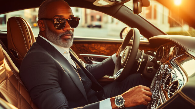 Stylish professional man behind the wheel of an upscale car, highlighting success, refinement, and luxury in a modern atmosphere. Image made using Generative AI.