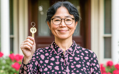 Urban homeownership celebration woman joyfully holding house key on front porch