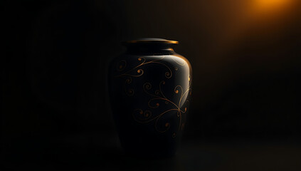 A minimalist depiction of a cremation urn with intricate gold engravings, set on a dark background 