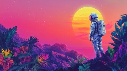 Fototapeta premium Astronaut Contemplates Sunset Tropical Alien Landscape