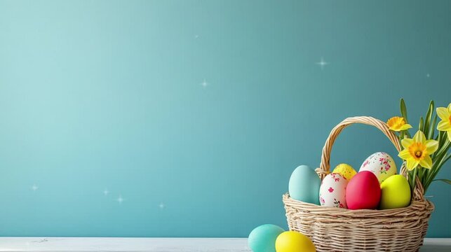 Easter eggs and white lily in the basket with blue background copy space for text for Easter Day