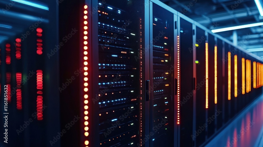 Poster rows of server racks in a modern data center, with glowing led lights and cabling visible