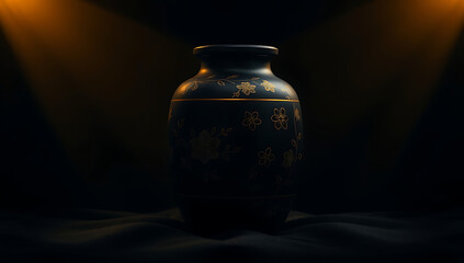 A minimalist depiction of a cremation urn with intricate gold engravings, set on a dark background 