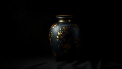 A minimalist depiction of a cremation urn with intricate gold engravings, set on a dark background 