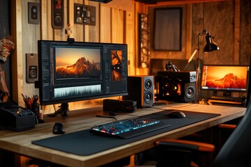A computer monitor on the desk with various software open on screen