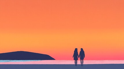 Silhouetted Figures Gently Holding Hands at Sunset, Digital Illustration in a Minimalist Style. AI Generated