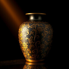 A minimalist depiction of a cremation urn with intricate gold engravings, set on a dark background 