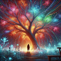 A figure standing under a glowing tree its branches forming a ca