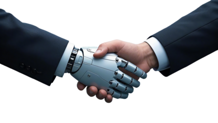 a handshake of a robot and a man