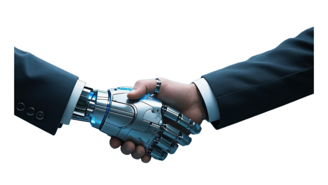 a handshake of a robot and a man