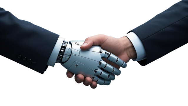 a handshake of a robot and a man