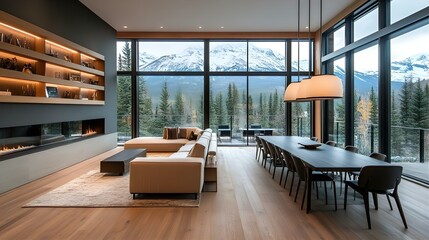 Modern Mountainside Living Room and Dining Area with Stunning Snow-Capped Mountain Views