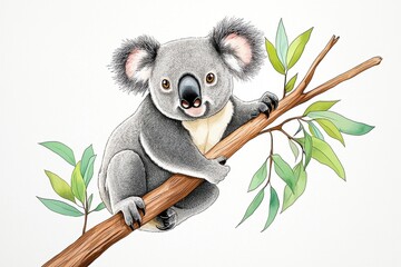 Obraz premium Charming Illustration of a Koala Sitting on a Branch with Leaves